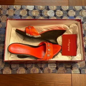 Salvatore Ferragamo red orange sandals wooden wedge silver detail size 6.5